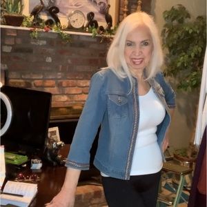 Rafaella Jeans Jacket Open Front Medium Wash Decorative Trim Size 8